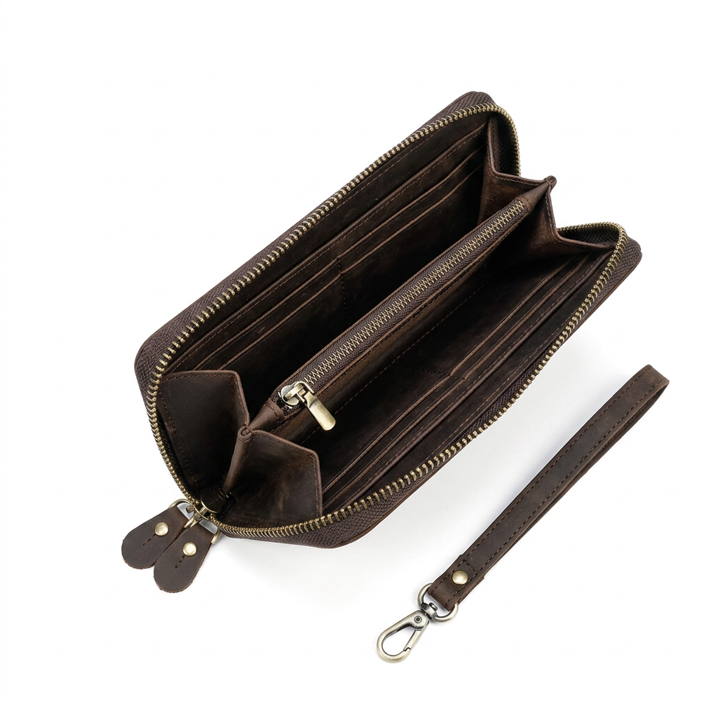Pochette Longue Cuir Véritable Crazy Horse | Double Zip Vintage