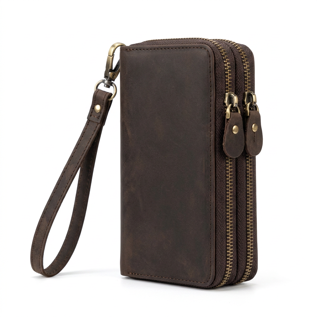Pochette Longue Cuir Véritable Crazy Horse | Double Zip Vintage