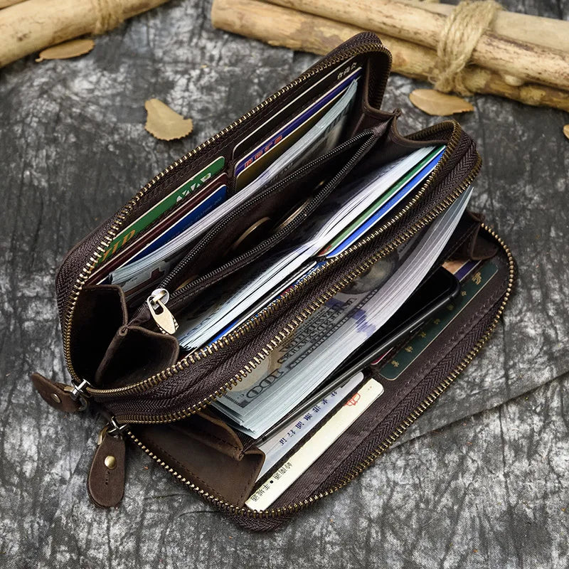 Pochette Longue Cuir Véritable Crazy Horse | Double Zip Vintage